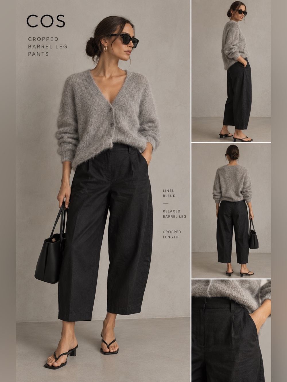 COS Black Linen Blend Cropped Barrel Leg Pants Size 8